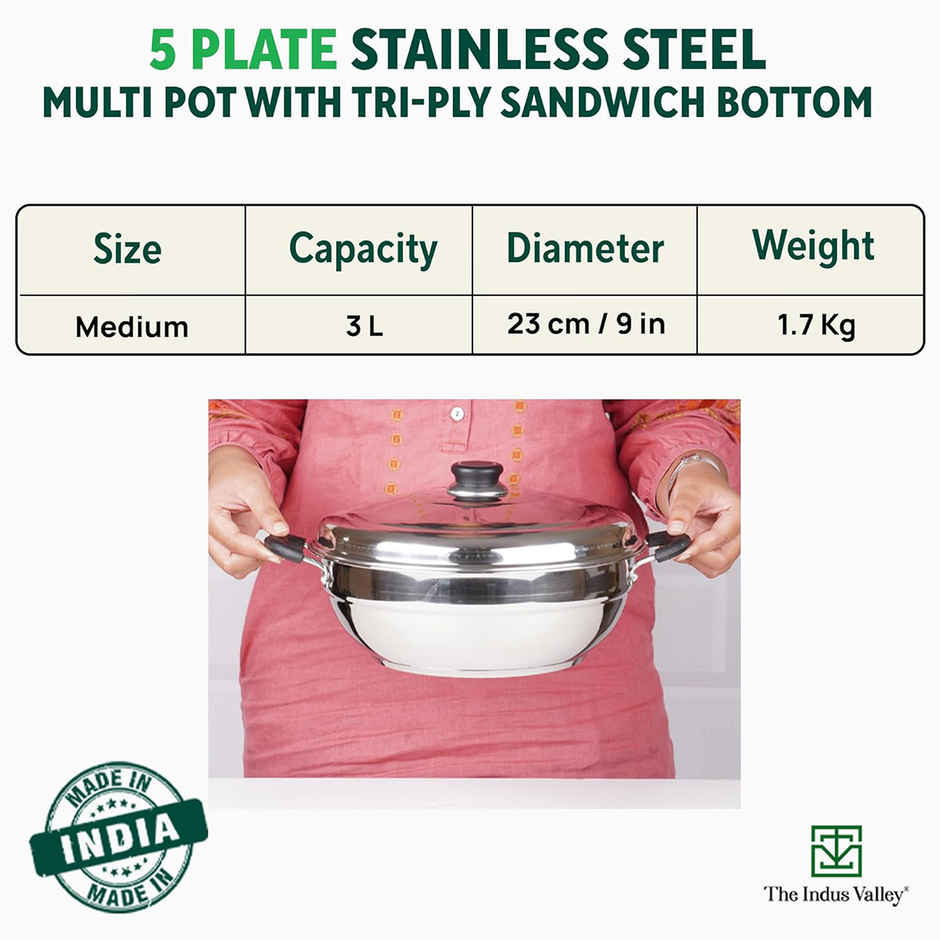 The Indus Valley Stainless Steel Idli/Multi Pot/Steaming Set | Small, 5 Plates, 23cm/9 inch
