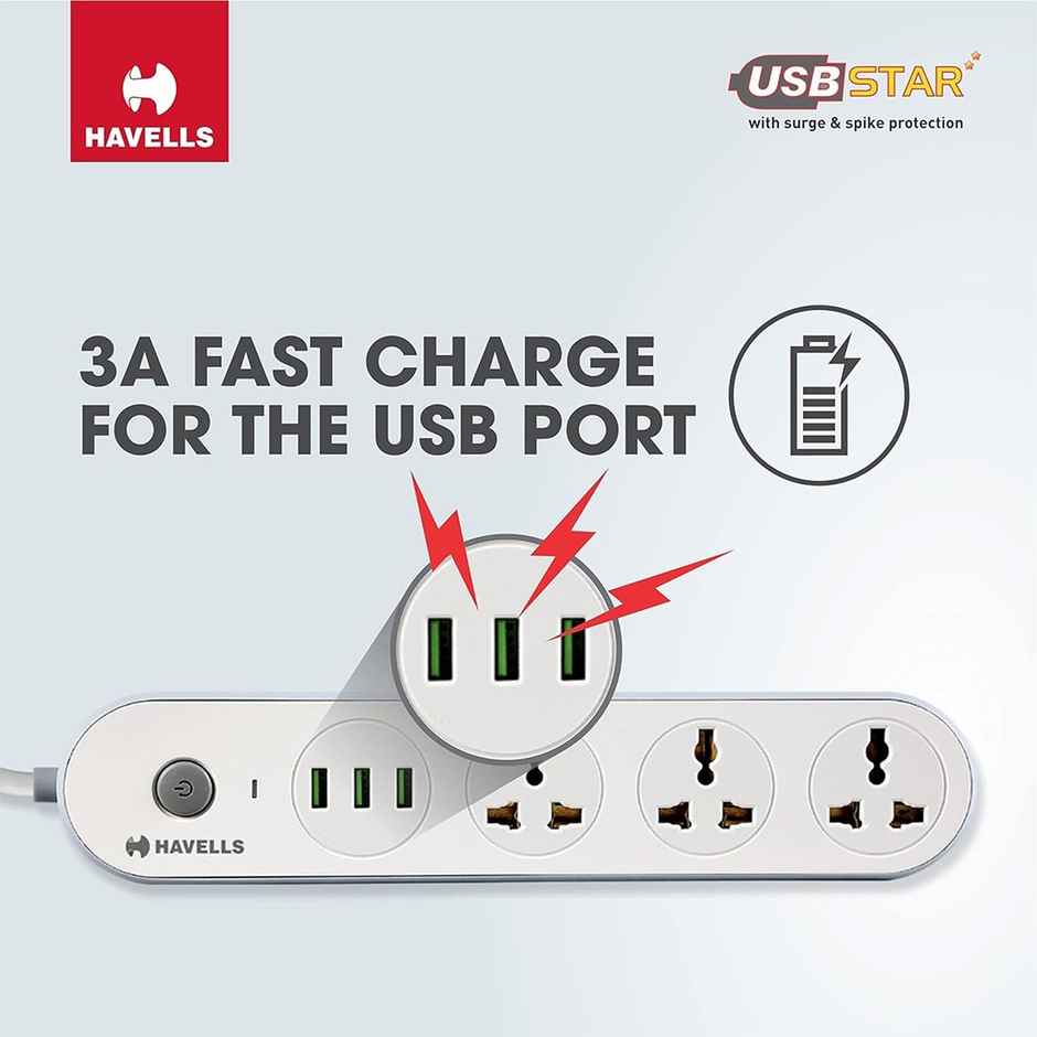 Havells Usb Star Extension Board - 1.5Mtr, 3 USB, 3+1, 3 Pin (1.5m Length)