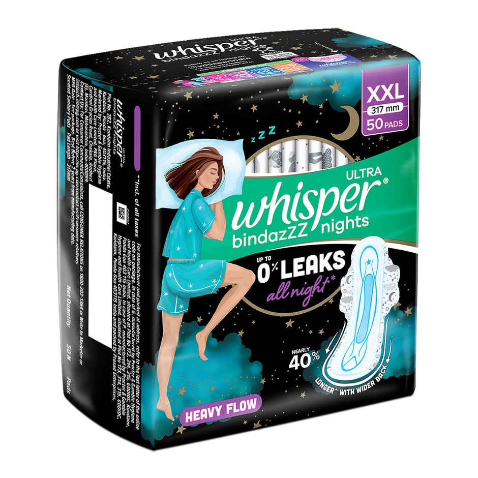 Whisper Bindazzz Nights XXL Sanitary Pads, Upto 0% Leaks All Night Long