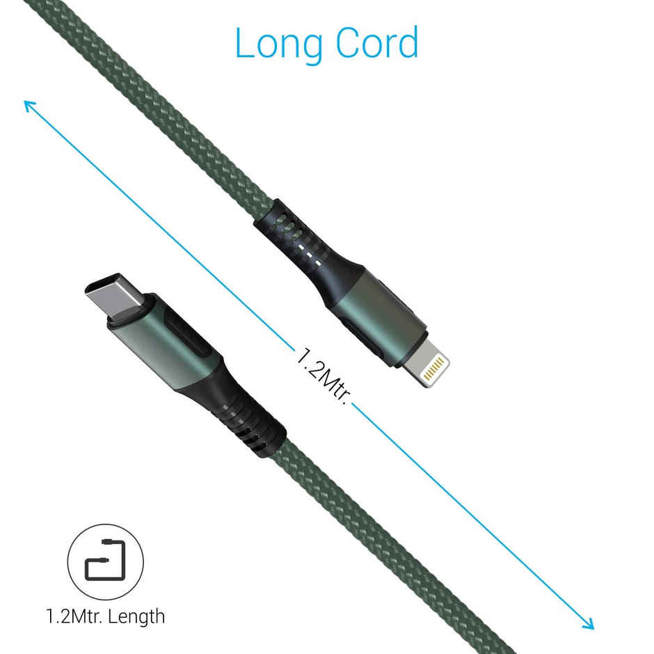 Portronics Konnect CL 20W POR-1067 Type-C to 8 Pin USB 1.2M Cable With Power Delivery & 3A Quick Charge Support, Nylon Braided For All Type-C and 8 Pin Devices - Green