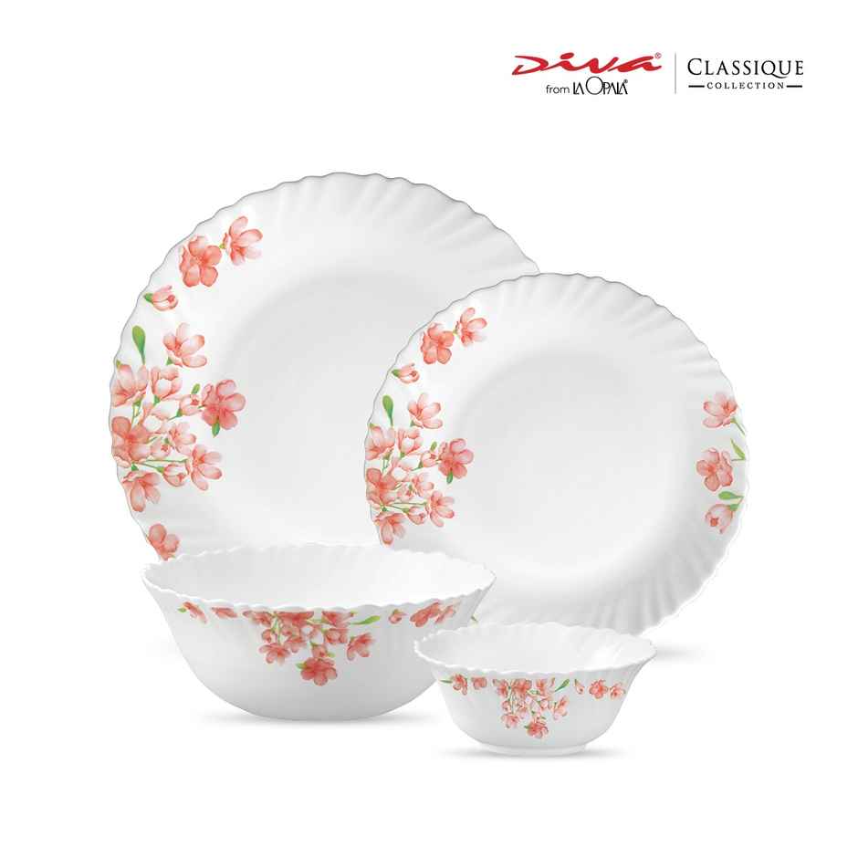 La Opala Diva Classique Dinner Set | Opal Glass Crockery for Dining | 13 Pcs - Aster Pink