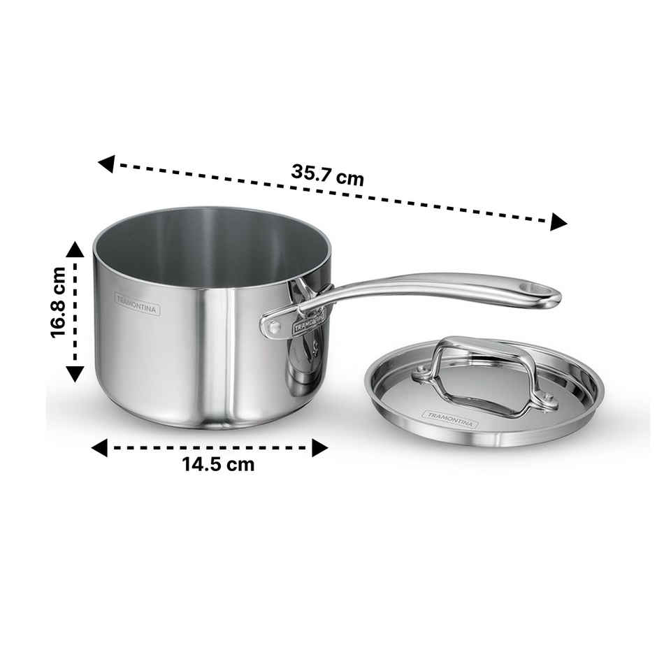 Tramontina Fusao Triply Ceramic Sauce Pan | 16 cm | Stainless Steel Lid | Induction Compatible