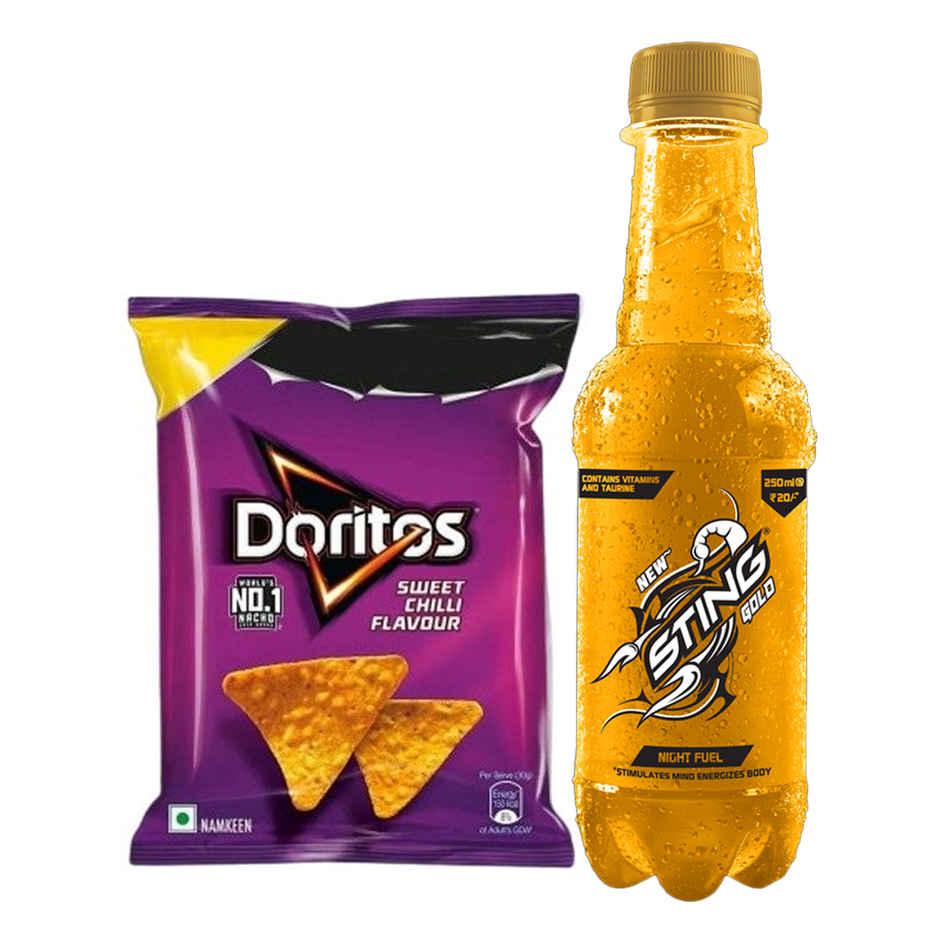 Doritos Nacho Chips - Sweet Chilli Flavour (53g) & Sting Gold Night Fuel Energy Drink (250ml) Combo