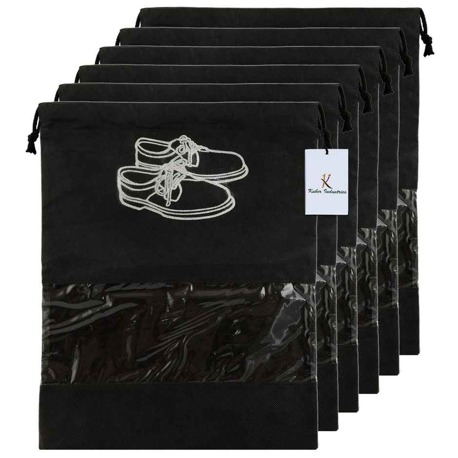 Kuber Industries Pack of 6 Non Woven Shoe Cover/String Bag Organizer with Transparent Window|Black)
