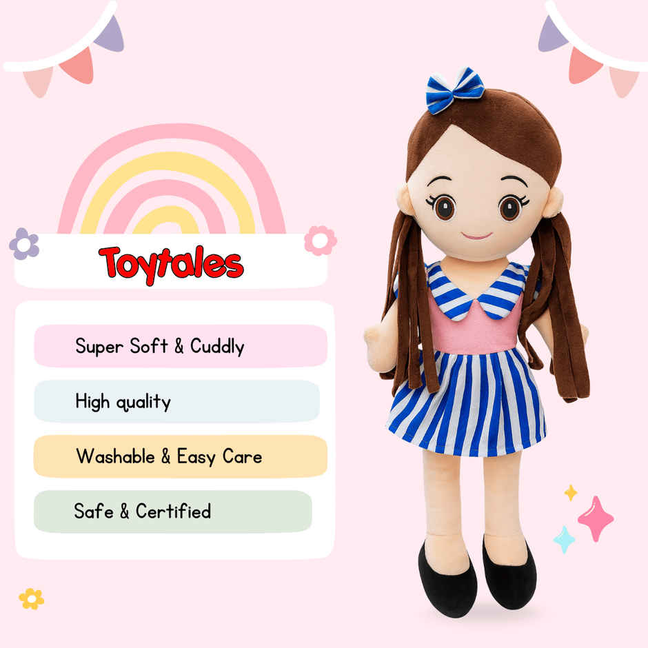 Toytales Cute Soft Doll | Plushie Stuffed Soft Toy For Girls | Kids Baby Blue Dress Doll
