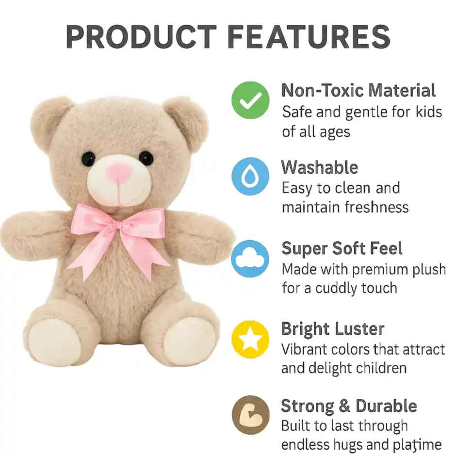 Fablue Cute Beige Fur Teddy Bear with Pink Bow Plush Toy for Kids