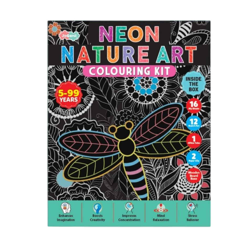 JoGenii Neon Nature Art Colouring Kit With 16 Big Sheets-Sketch Pens And Glitter Tube