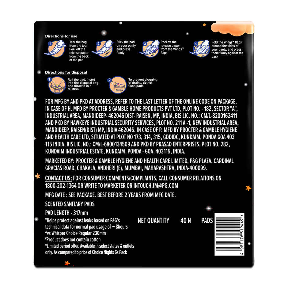 Whisper Choice Nights Sanitary Pads | XXL | 40 pcs