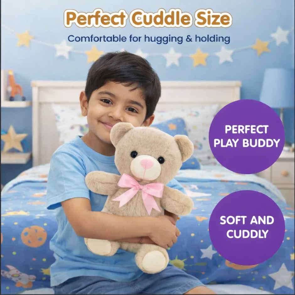 Tiramisu + Fablue Cute Beige Fur Teddy Bear with Pink Bow Plush Toy for Kids