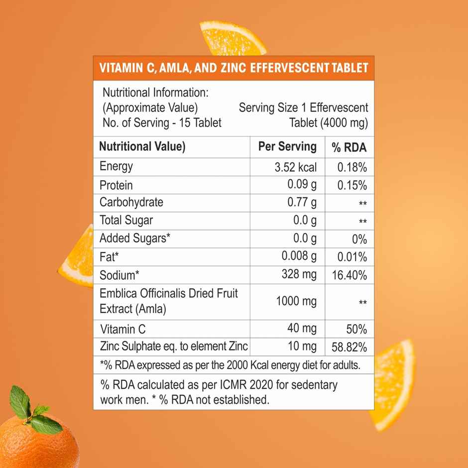 Og Wellness Vitamin C, Amla & Zinc Effervescent Tablets - Vitamin C, Orange Flavor - 15 Pcs