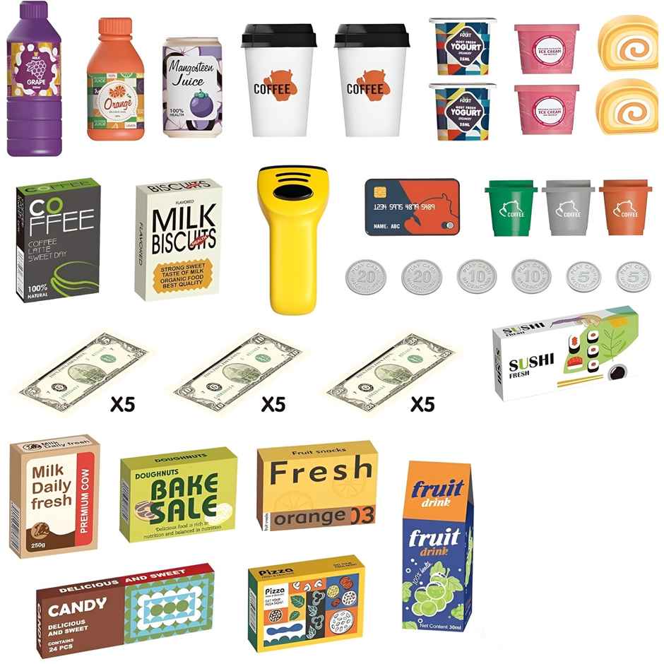 Toyshine Supermarket Cash Register Playset with Calculator Scanner & Play Food | 46 Pcs | 3+ years