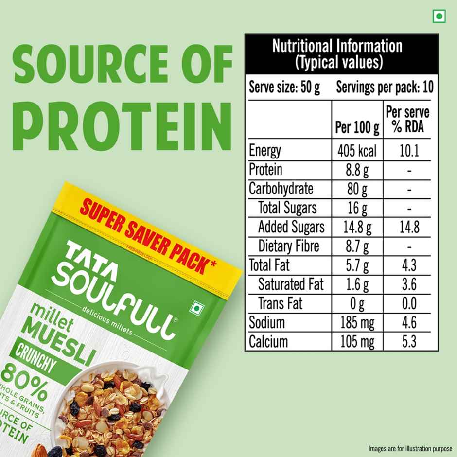 Tata Soulfull Millet Muesli, Crunchy 80% Whole Grains Nuts & Fruits Breakfast Cereal