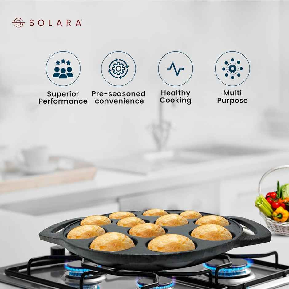 Solara Pre Seasoned Cast Iron Paniyaram Pan With 12 Cavities (8 Inch, 20 Cm)