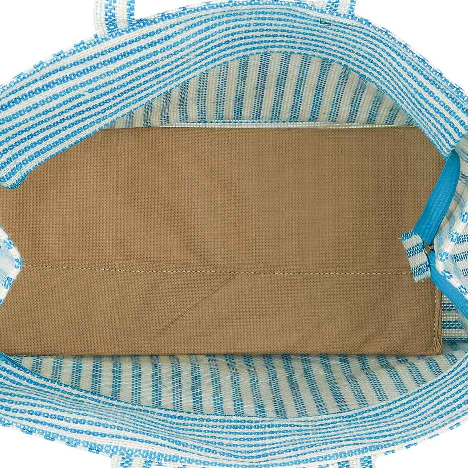 Jute Cottage Carry Bag - Stripe Fabric Zipper Shopping Bag | Eco-friendly | Blue | 14 x 18 x 9