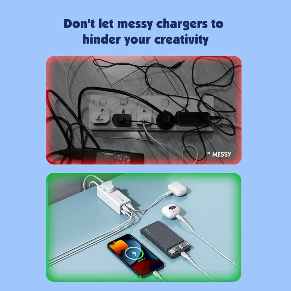 Portronics Adapto Volt 65 65W High speed 5-in-1 Power Strip with 2 Type C PD Ports(White)