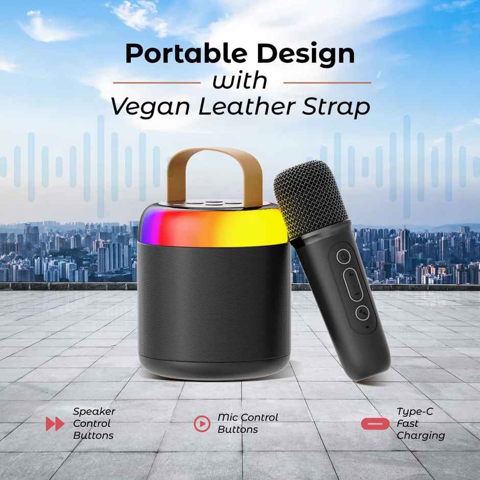 pTron Fusion Bliss 16W Bluetooth Speaker with Wireless Karaoke Mic, 6Hrs Playtime, Vibrant RGB Lights, Voice Effects, Multi-Play Modes BT5.3/TF Card & Type-C Charging Port - Black