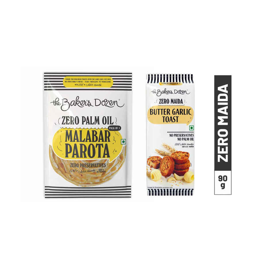 The Baker'S Dozen Zero Palm Oil Malabar Parota | Wheat Paratha | Ready To Eat | Ready To Cook (210g) & The Baker'S Dozen Zero Maida Butter Garlic Toast Baked Snack No Palm Oil No Preservatives 100% Wholewheat (90g) Combo 