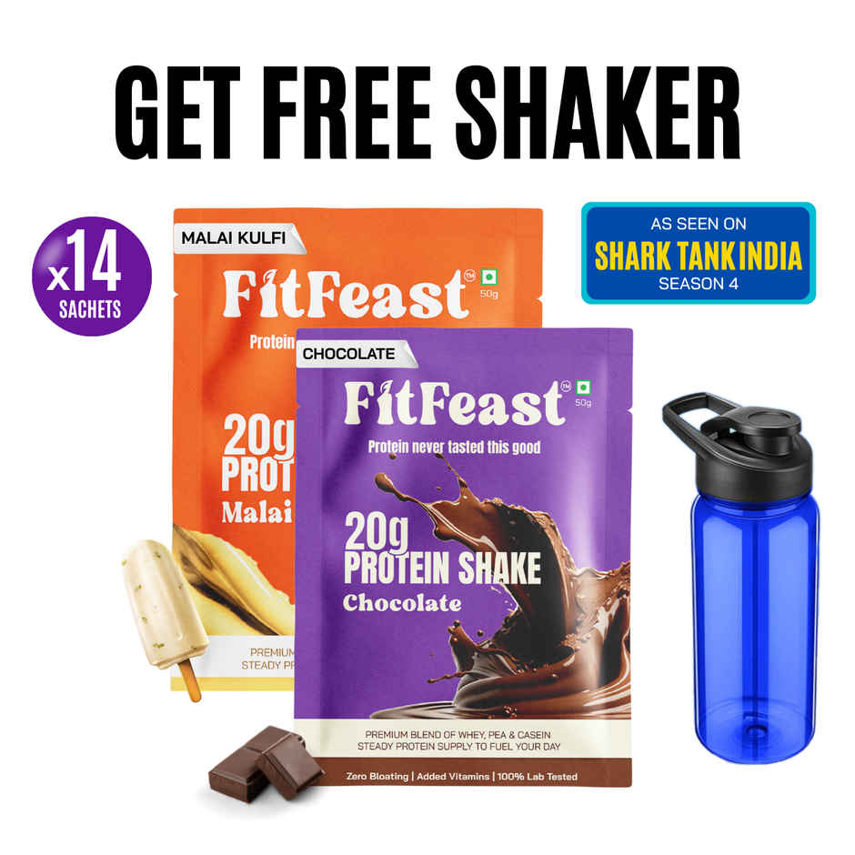 FitFeast Protein Shake Sachet Assorted 20g Protein (Pack of 14) (with free shaker)