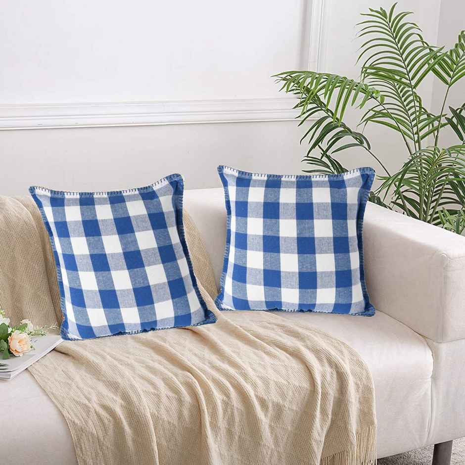 Lushomes Cotton Cushion Covers - Blue and White Checks | 24 x 24 inch | Blanket Stitch