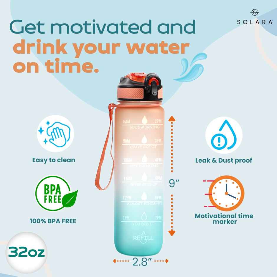 Solara Motivational Water Bottle 1 Liter For Travel, Office, School, Gym, Sipper Bottle-Orange Teal (1pc) & Lifelong Pvc Hex Fixed Dumbbells Pack Of 2 (1Kg*2) |Red Color|Home Gym|Fitness Barbell|Home Workout (1pc) Combo