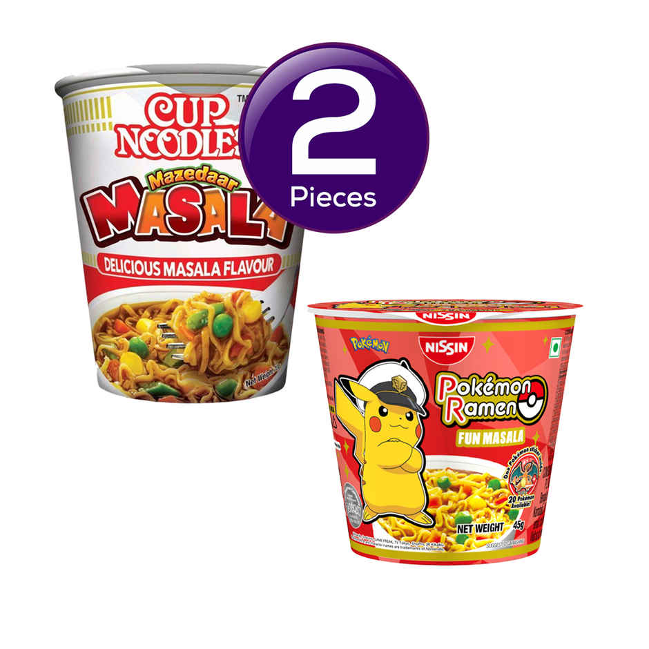 Nissin Cup Mazedaar Masala(70.0 gms) & Indo Nissin Pokemon Ramen Fun Masala | Flavorful Instant Noodles(45.0 gms) Combo