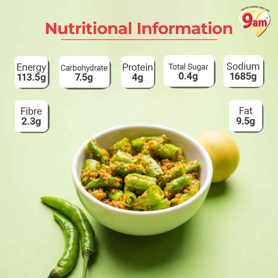 9am Super Gold Green Chilli Pickle, Spicy & Tangy Hari Mirch Achaar