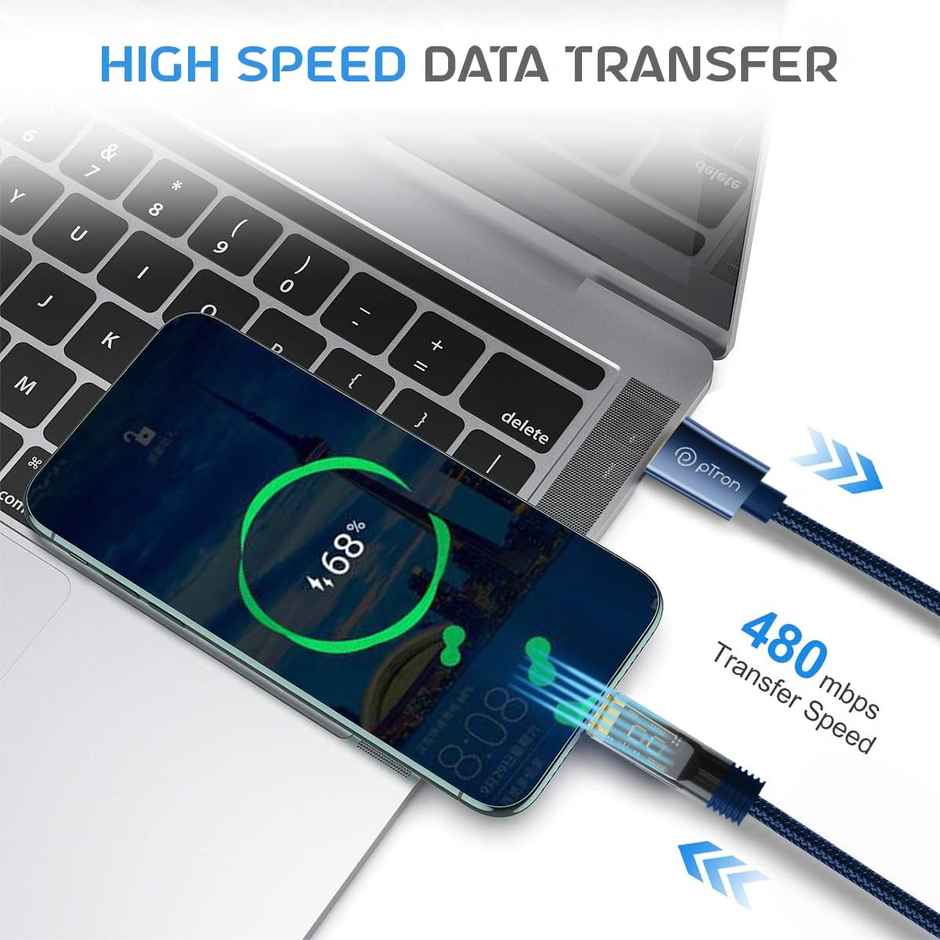 pTron Solero 65W USB to Type-C Fast Charging USB Cable Compatible with Samsung,OnePlus,Oppo,Vivo,Xiaomi,Realme & Other Type-C Devices, Unbreakable 1M Nylon Braid, 480Mbps Data Sync Speed - Blue