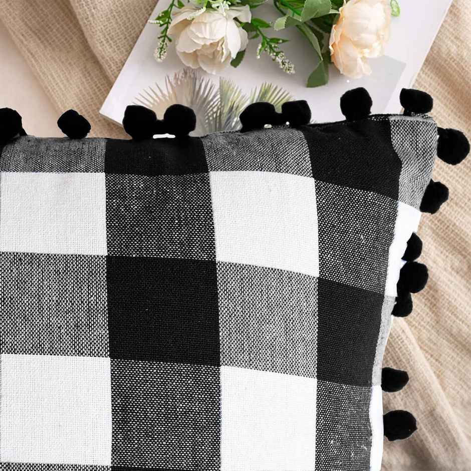 Lushomes Cushion Covers - Black and White Checks | Cotton | 18 x 18 inch | With Pom Pom