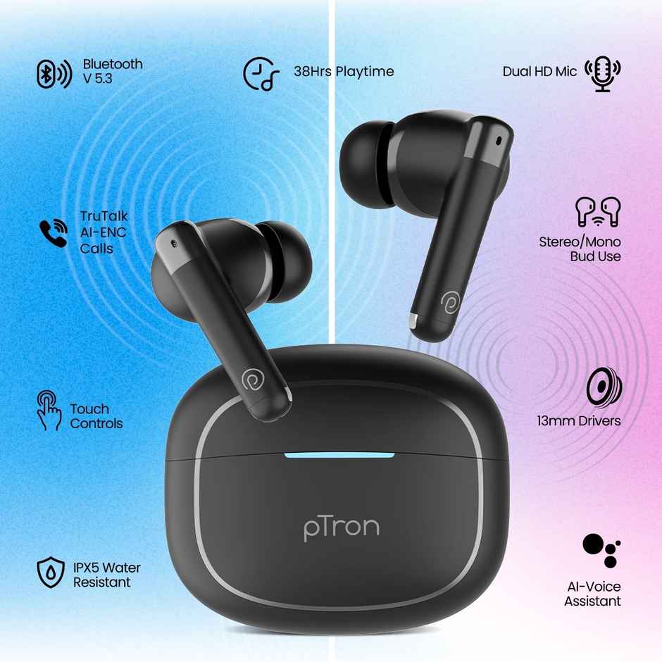pTron Bassbuds Duo Pro TWS Earbuds | AI-ENC Calls | 38H Playtime | 50ms Low Latency | MovieMusic Mode - Black