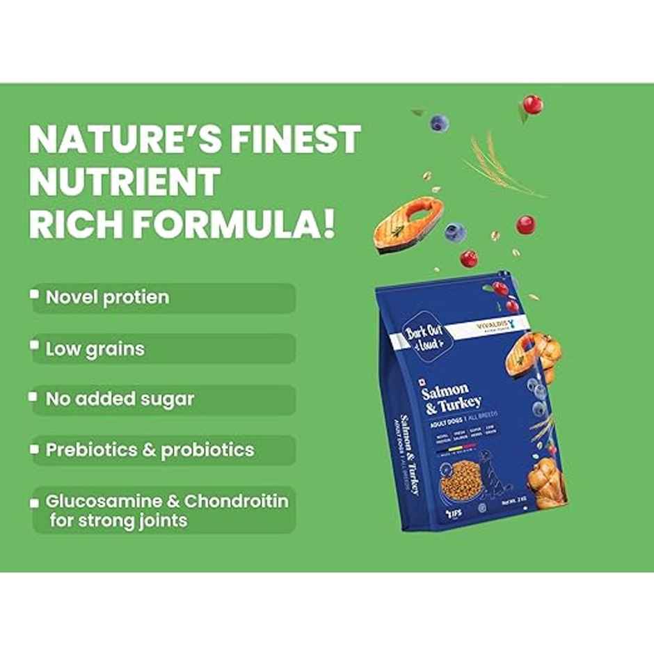 Bark Out Loud | Salmon And Turkey Dog Food For Medium / Large Breed (2kg) & Bark Out Loud Mini Fishes Dog Treats - No Grain & Hypoallergenic Snack For Dogs (100g) Combo