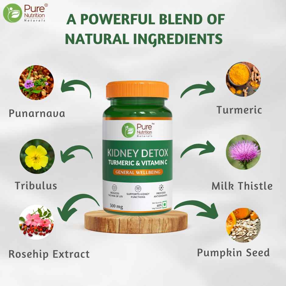 Pure Nutrition Kidney Detox with Punarnava Gokhru Turmeric & Rosehip Extracts - 60 VEG Capsules