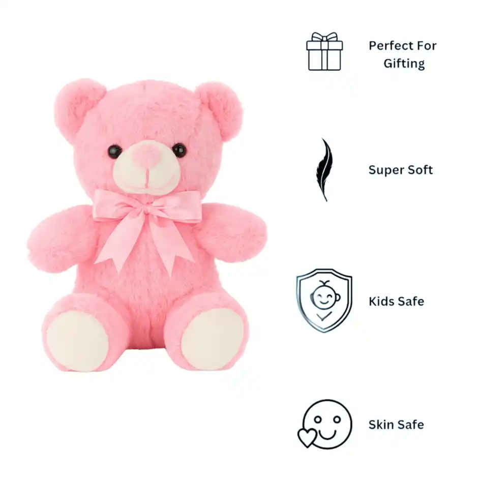 Fablue Cute Baby Pink Fur Teddy Bear with Pink Bow Plush Toy for Kids