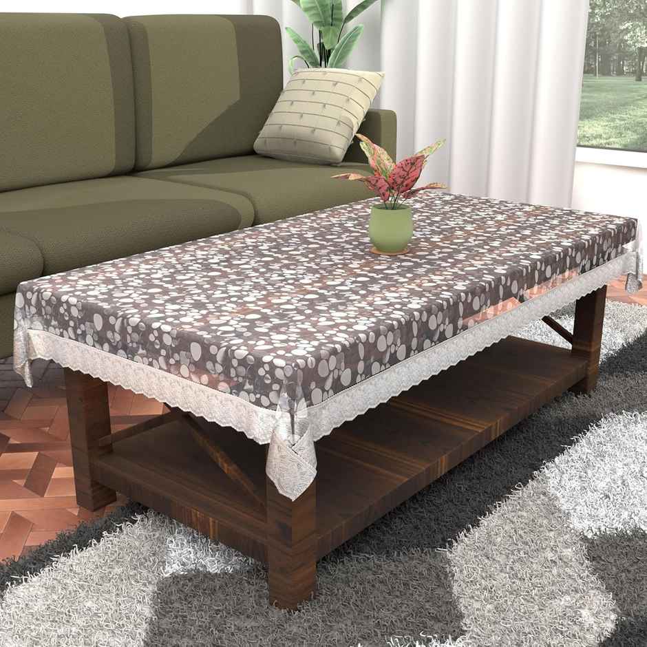 Kuber Industries 3D Coin Print Center Table Cover 4 Seater with Silver Lace (Transparent)