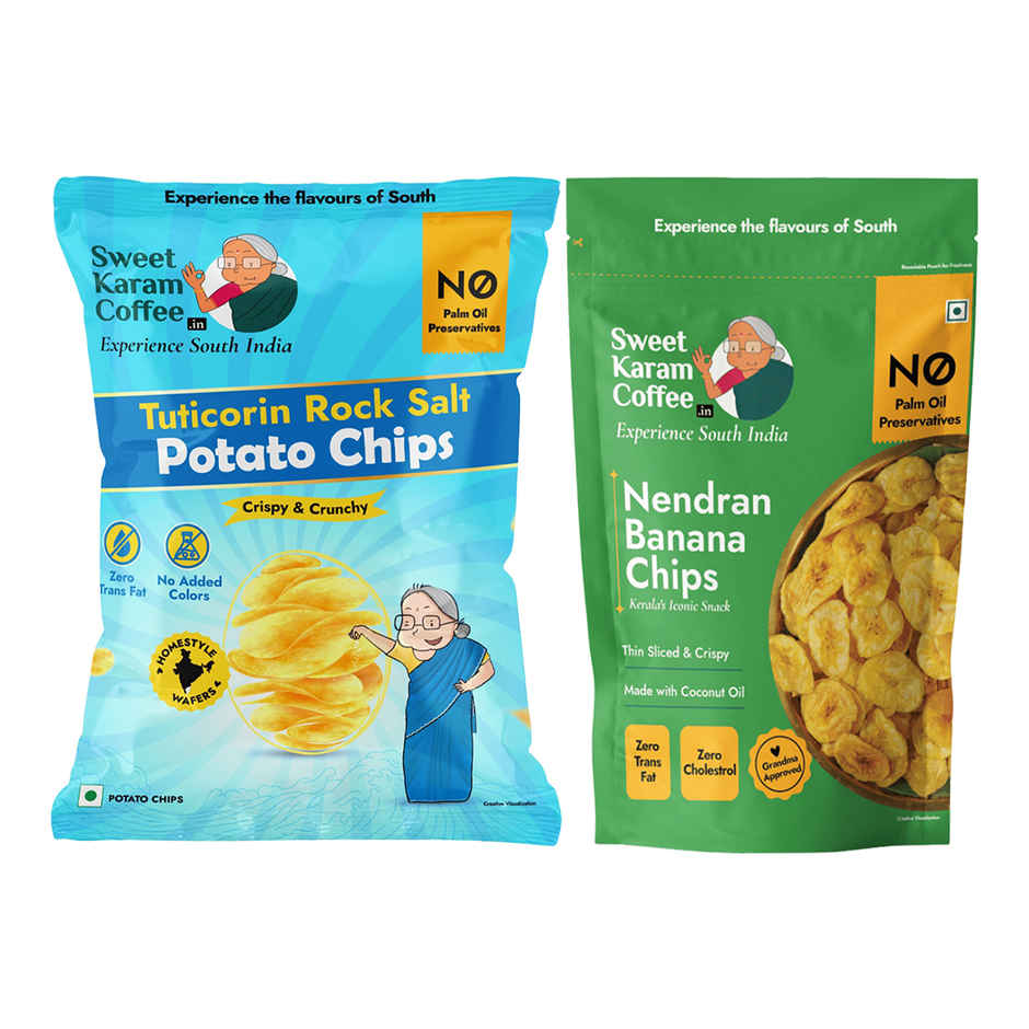 Sweet Karam Coffee Tuticorin Rock Salt Potato Chips - No Palm Oil (60g) & Sweet Karam Coffee Kerala Nendran Banana Chips (65g) Combo