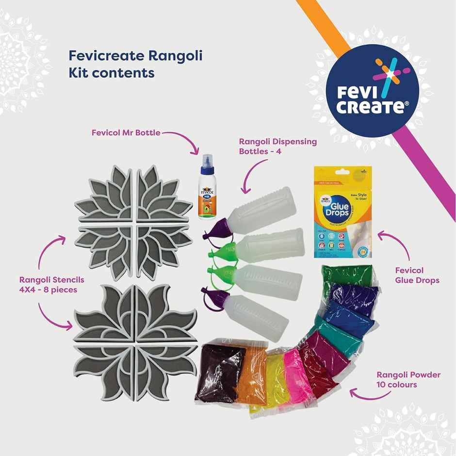 Fevicryl Rangoli Kit, 8 Stencils,10 Colors, 4 Dispensing Bottles & More, For Home, Pooja, Festive Decoration