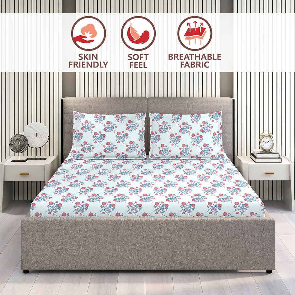 Layers Marigold 100% Cotton 144 TC Blue King Bedsheet with 2 Pillow Covers