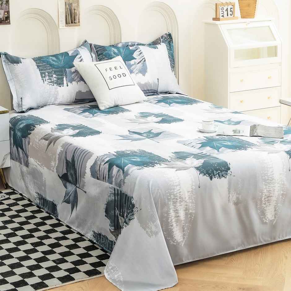 Story@home 240 TC Microfiber Double Printed Flat Bedsheet White & Grey | Floral