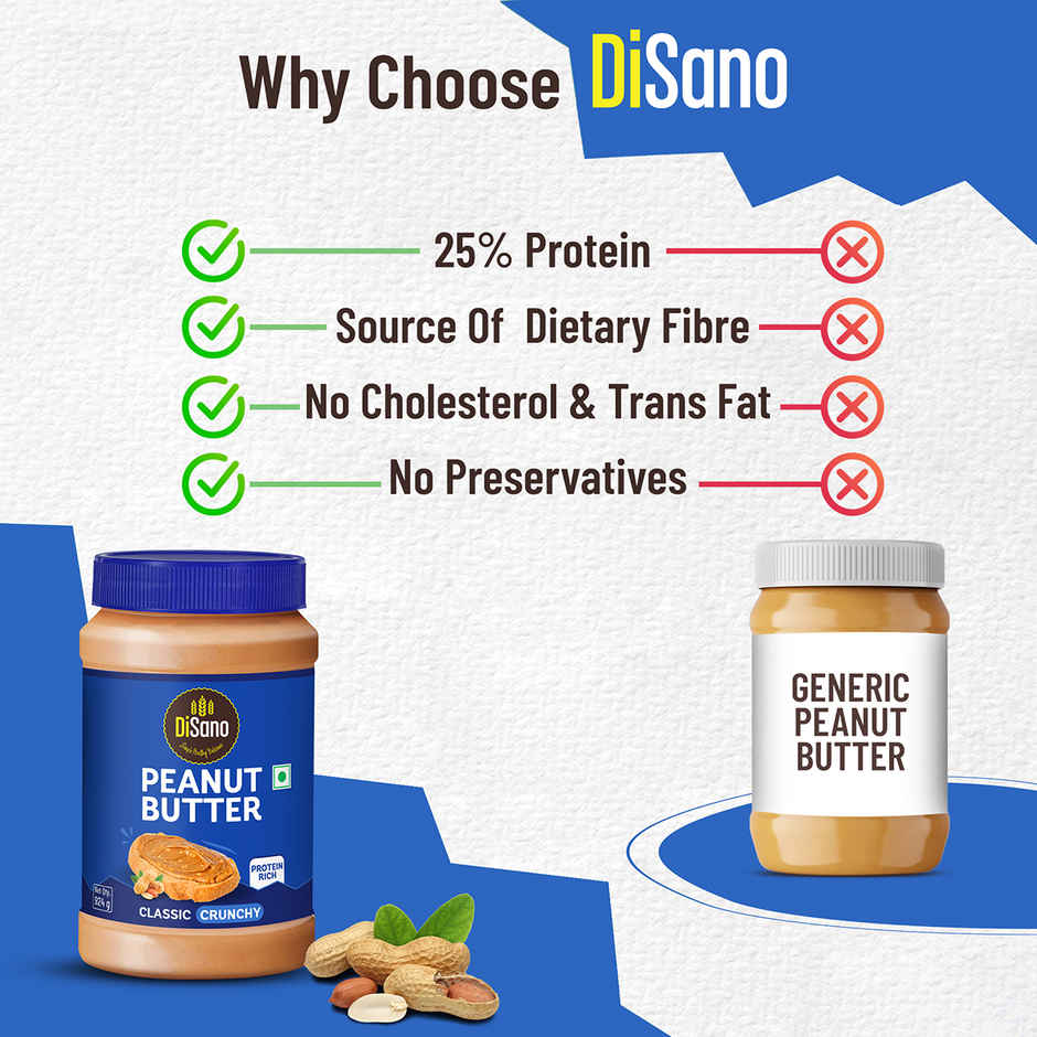 Disano Peanut Butter - Crunchy, 26% Protein, No Trans Fat & Preservatives