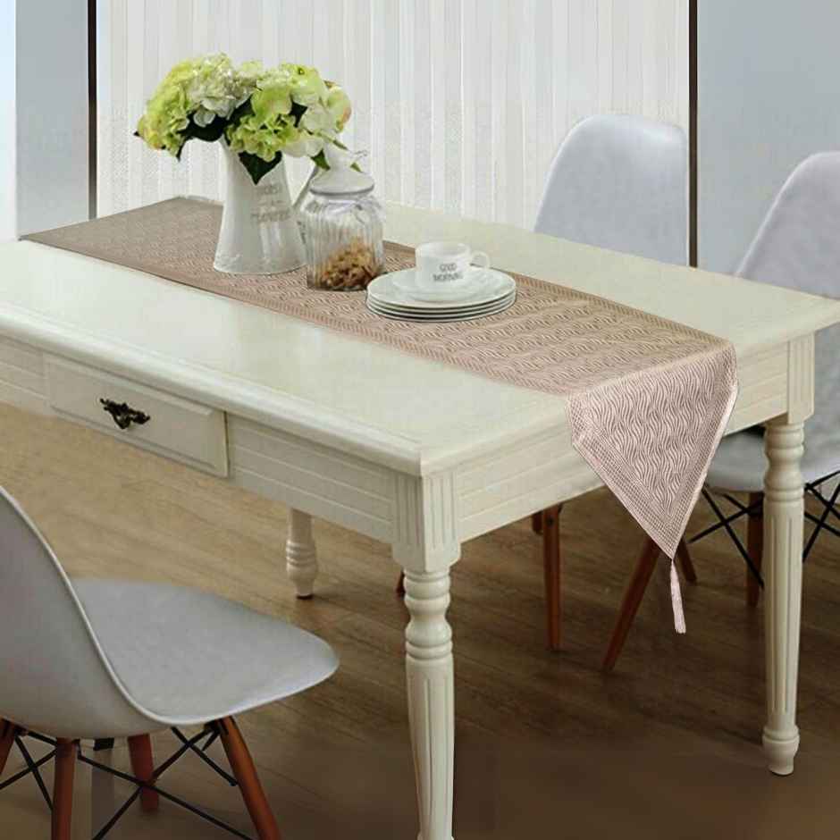 Lushomes Table Runner - Golden and Cream Geo Silk | Tassels | 6 Seater | 12 x 70 inch