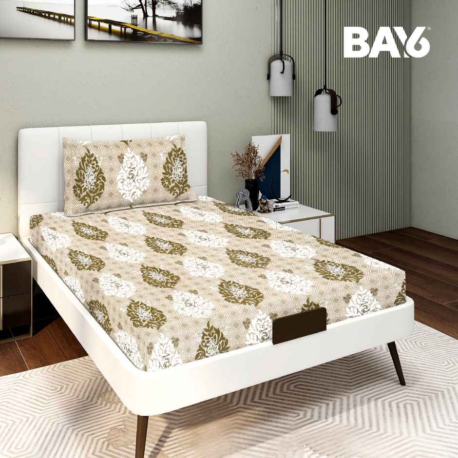 BAY6 110 GSM Microfibre Single Ethnic Bedsheet with 1 Pillow Cover | White and Beige | 59 x 87 in