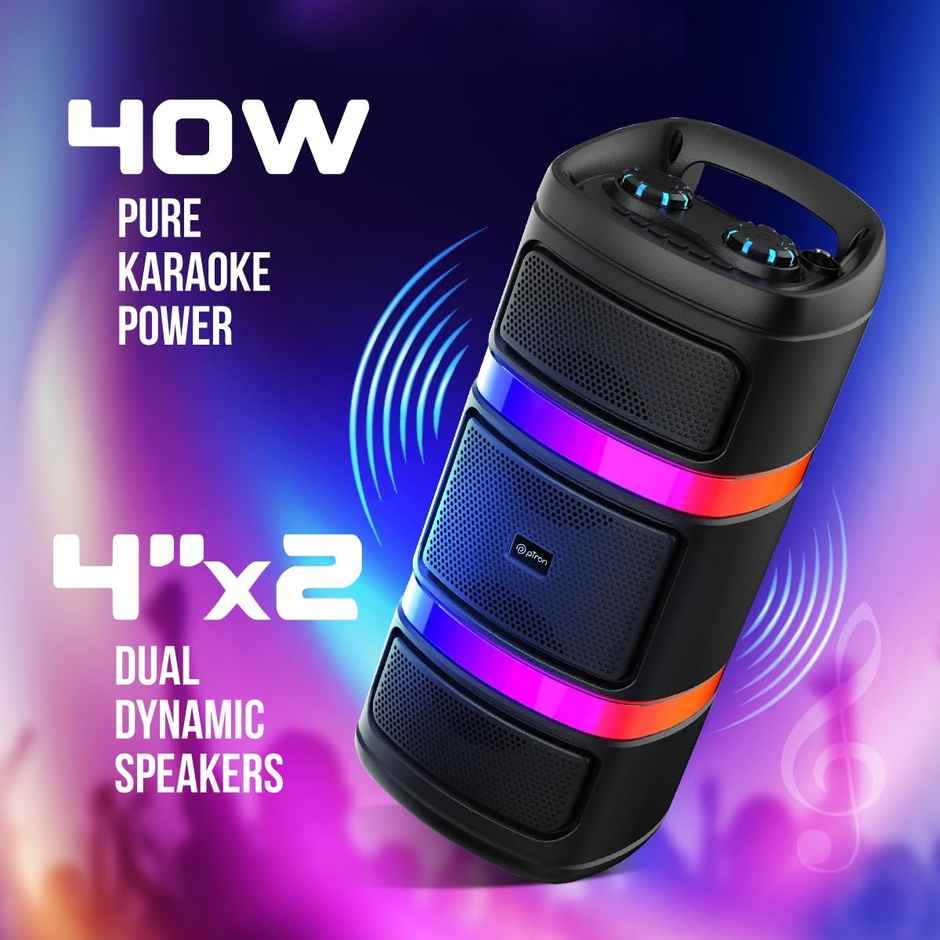 pTron Fusion Quad v2 40W Bluetooth Karaoke Party Speaker | RGB Light | 6Hrs Playtime - Satin Black
