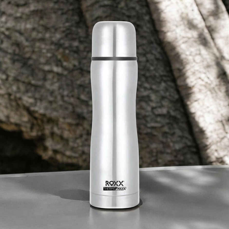 Roxx Silver Curvy Bullet Flask | 1 L | SS Vacuum Insulated | Leak-Proof | BPA-Free | Rust Resistant