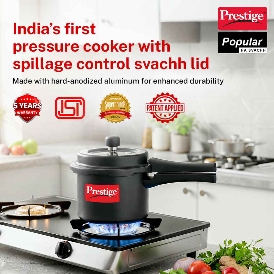Prestige Popular Svachh HA Pressure Cooker 3L,Metallic Safety Plug,Black,5Y Warranty,ISI Certified