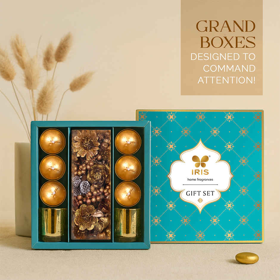 Candles and Potpourri Decor Gift Box - Gold Musk Fragrance | Diwali Gift Hamper | Iris