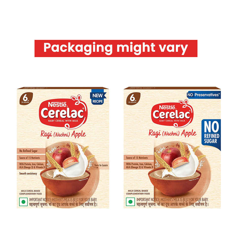 Nestle CERELAC Ragi (Nachni) Apple Baby Food Cereal, No Refined Sugar & No Preservatives