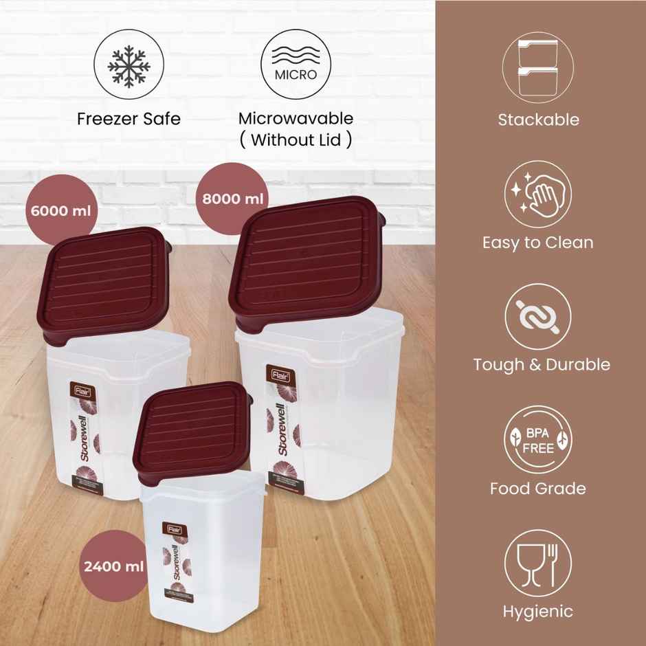 Flair Plastic Storewell Square Food Storage Containers Maroon - Set Of 3 Pcs (2400Ml,6000Ml, 8000Ml