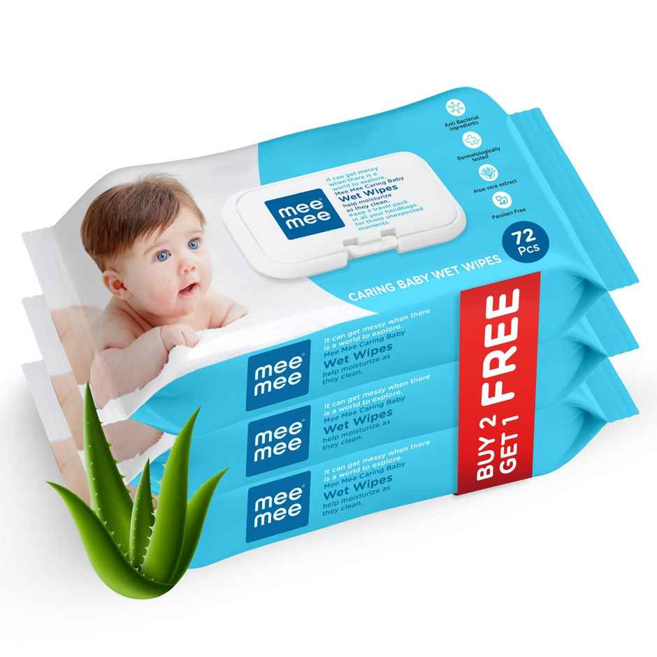 Mee Mee Caring Baby Wet Wipes With Lid 72 Pcs Aloe Vera - Pack Of 3