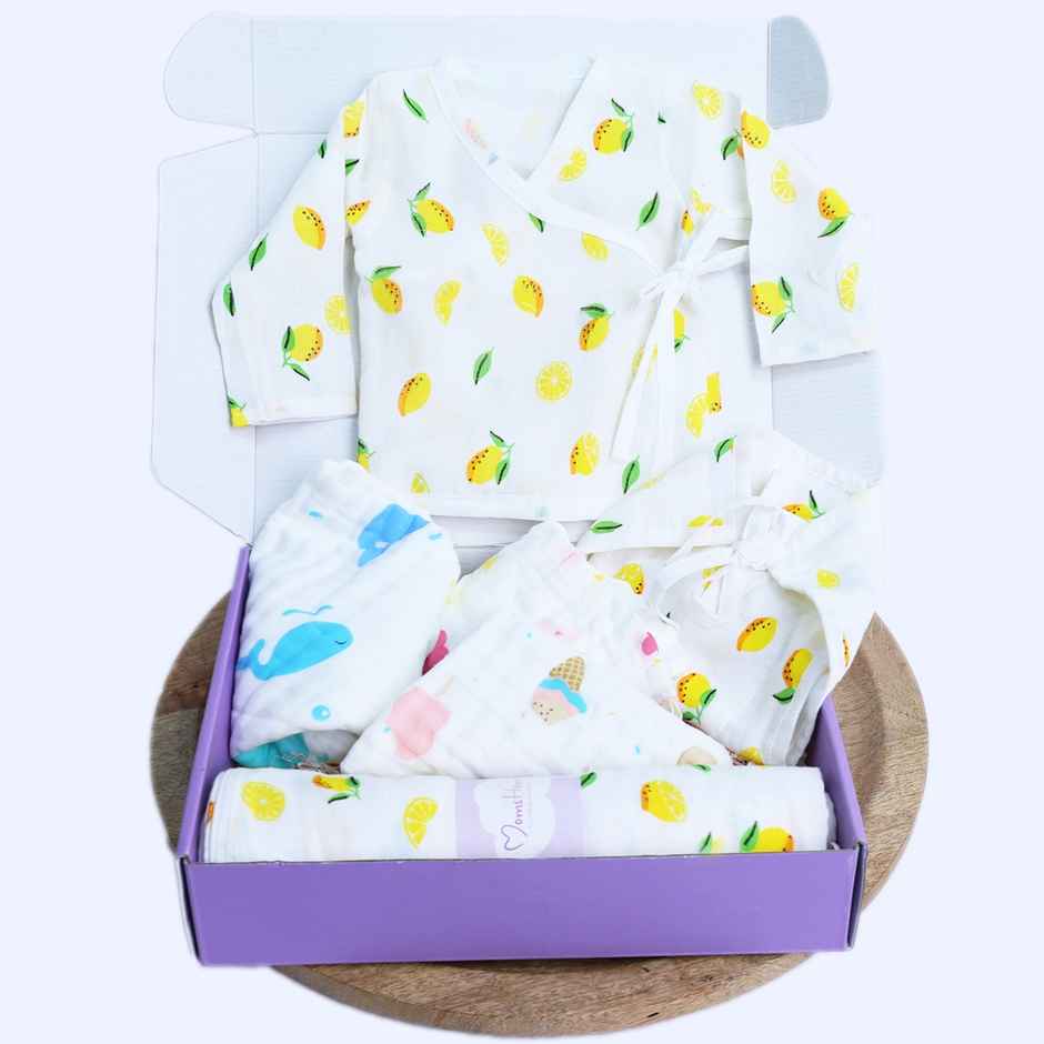 Moms Home Organic Cotton Muslin Gift Combo Set For Newborn Baby | Pack Of 6 | Mix Desgin