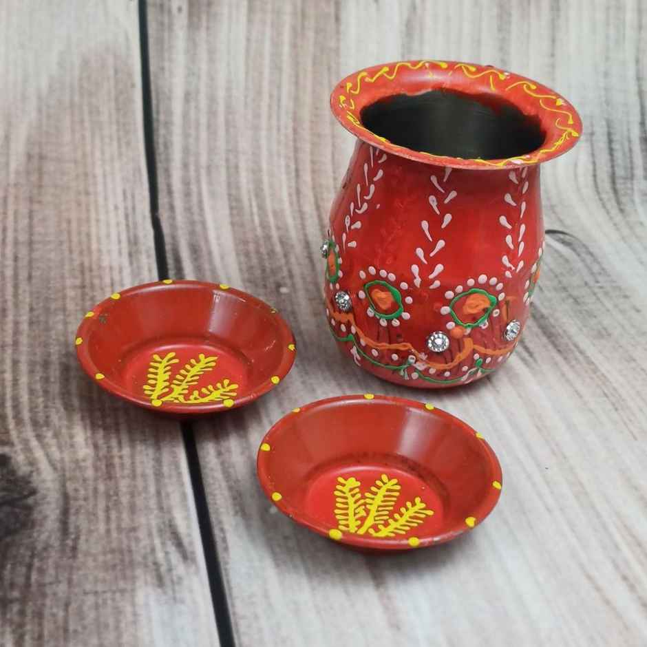 Pooja Thali Kalash Set Stainless Steel with Thali Lota and 2 Katori | 10 inch | Gullak