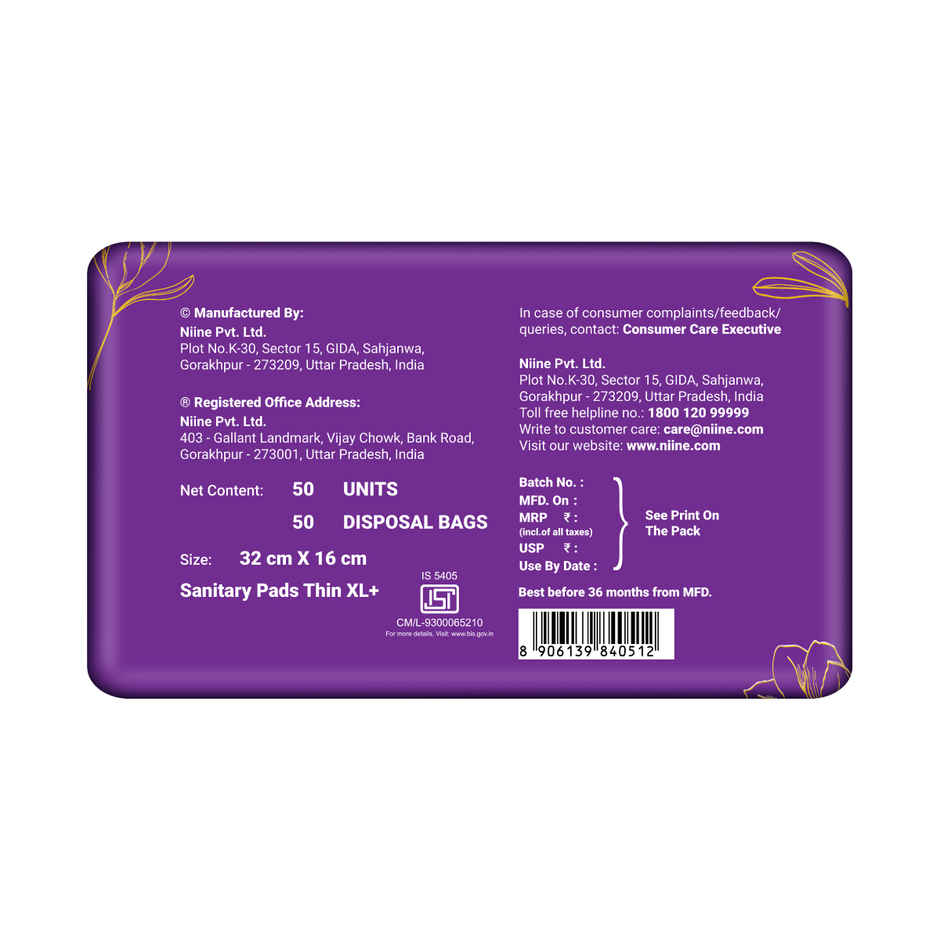 Niine Dry Comfort Ultra Thin XL+ Sanitary Pad | 320 mm and Wider Back | with Biodegradable Bags | 50 Pads